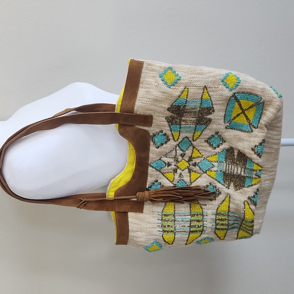 Chloe & Lex Embroidered Boho Tote Yellow Brown Bag